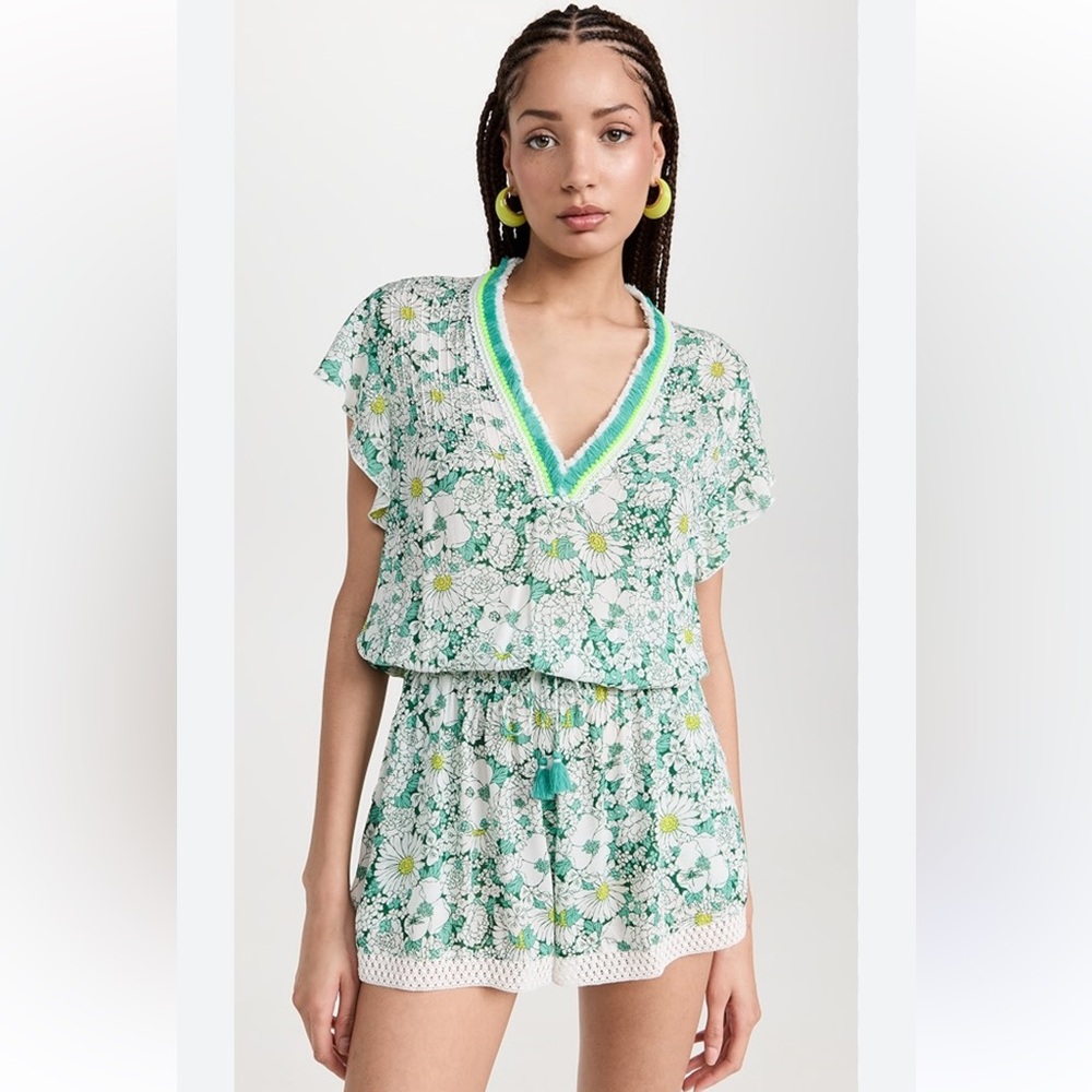 Poupette ST Barth Sasha Short Romper V Neck Size L Green Floral EUC